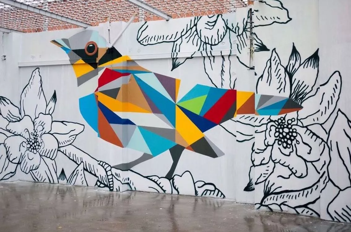 An interior mural of a bird